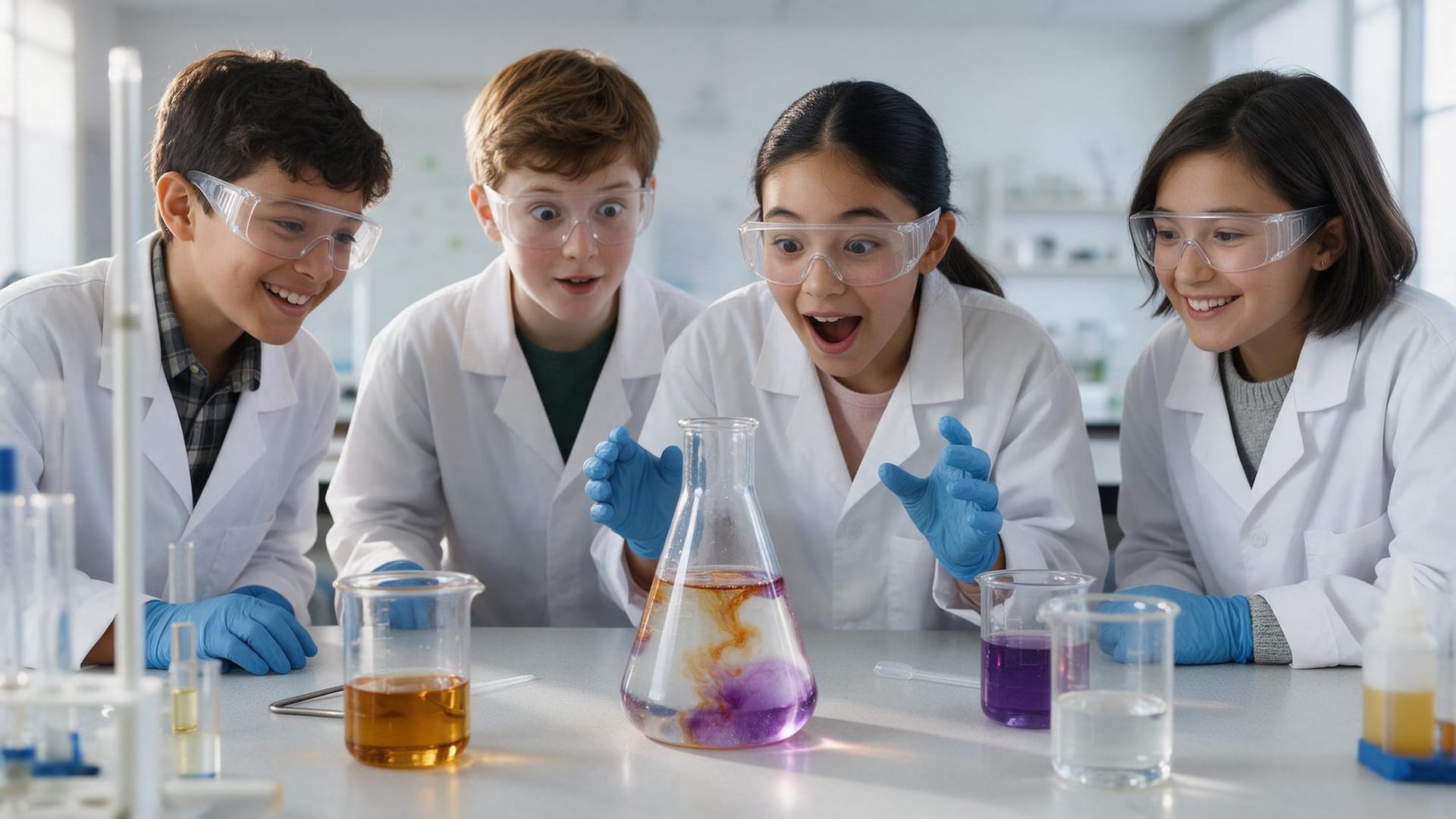 Four primary school pupils in white lab coats and safety goggles react with delight to a colour change in a conical flask during a science experiment